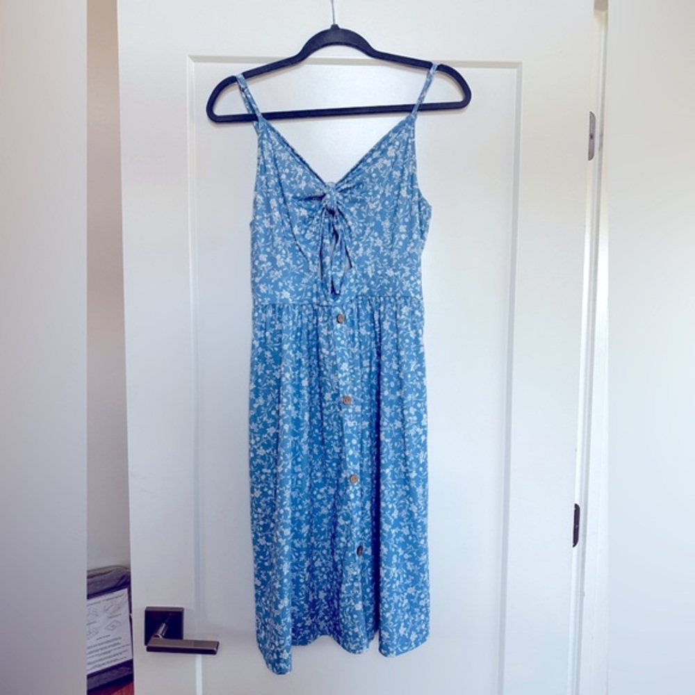 Cotton Blue White Floral Tie Front Summer Thin Strap Midi Dress Sz L Large